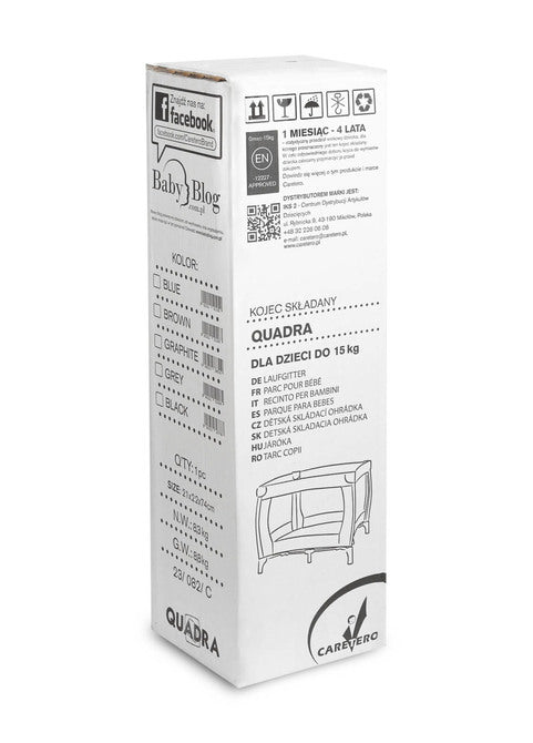 Light weight, practical and easy to operate square playpen. Quadra is perfect as a place for the baby to rest and play both at home and while travelling. Equipped with a soft mattress with a colourful design and stand-up learning handles. Matching carrier bag for easy transportation included.