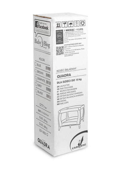 Light weight, practical and easy to operate square playpen. Quadra is perfect as a place for the baby to rest and play both at home and while travelling. Equipped with a soft mattress with a colourful design and stand-up learning handles. Matching carrier bag for easy transportation included.