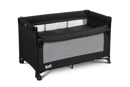 The Esti cot is a travel cot designed to facilitate the care of babies. Its biggest advantage is the foldable side, which transforms the cot into an extra bed and provides more comfortable access to the child. The practical folding mechanism means that folding or unfolding takes only a moment. The cot also has wheels with a blockade for easy portability. The side door closed with a zipper will allow older children to safely enter the cot, which can be used as a playpen.