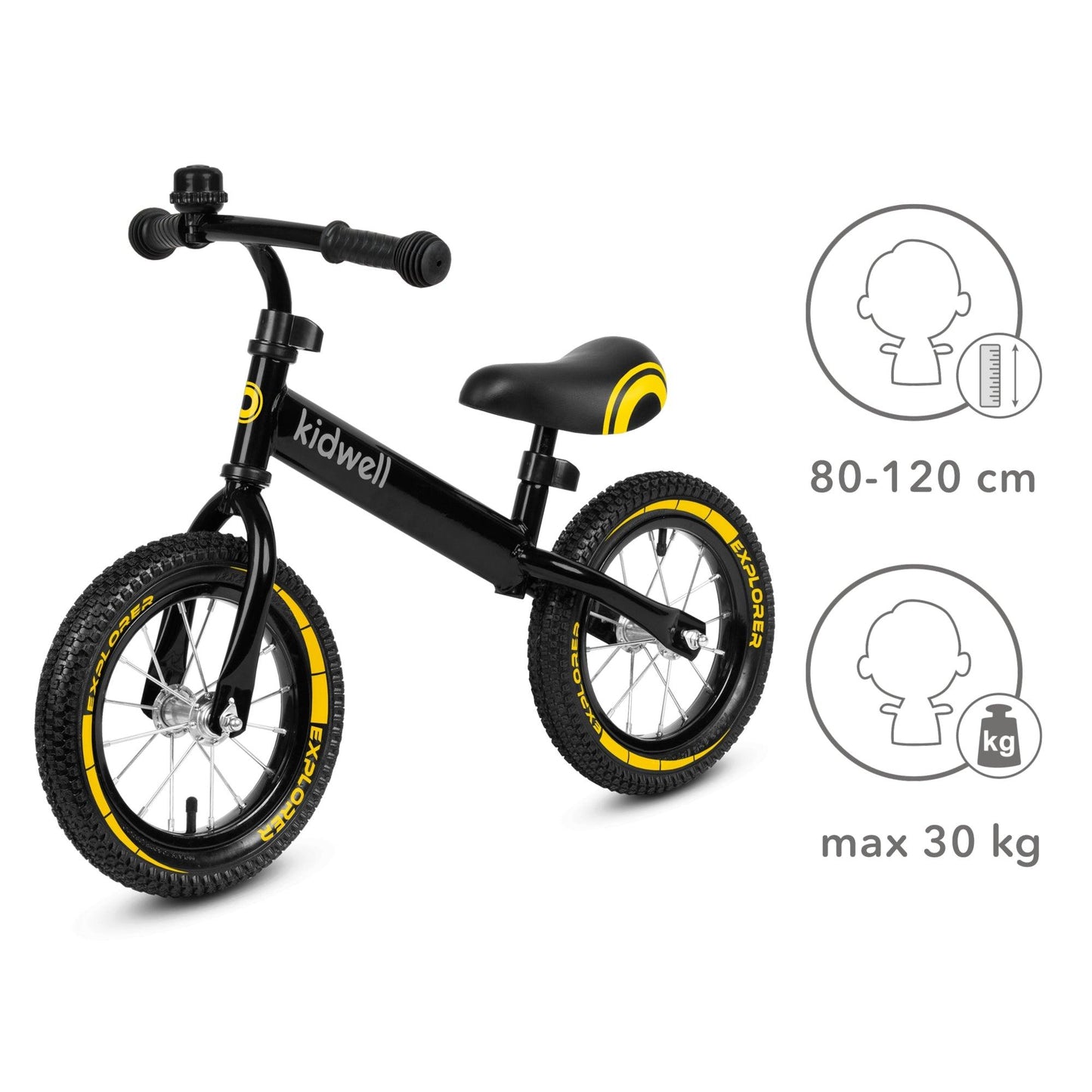 Cruzer balance bike for toddler kids age 3, 4 and 5 year old boys & girls. A lightweight children bicycle only 3.50 kg, less burden for the child when learning cycling. Inflatable 12 inch wheels, steel frame, non-slip & soft rubber handles. The balance bike has a fully swiveling handlebar with height adjustment. Riding a balance bike develops the ability to maintain balance and exercises motor coordination. It is an excellent preparation for children to ride a traditional bike.