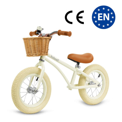 Classy vintage children balance bike for toddler kids age 3, 4 and 5 year old girls. Adjustable handlebar & saddle, this bicycle will grow with child. Inflatable 12 inch wheels. The bell will allow to warn others & stay safe while cycling. A hand-woven wicker basket. The durable construction made of steel. Ensure endless hours of safe & exciting play. The Classy bike is an ideal proposition for every parent & their child who focus on attention to detail & comfort of use.