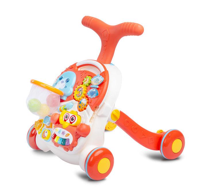 Perfect for a child who has already started to take their first steps. Thanks to the combination of several possibilities in one toy, it will take a toddler for many hours. It can act as a pusher or an interactive table with many attractions. A basket into which he can throw 3 plastic balls with a rattle, powered by batteries and a pull-out crab-shaped piano, spinning gears and many other surprises will make the time of play more enjoyable. The front panel can be removed and turned into a play table.