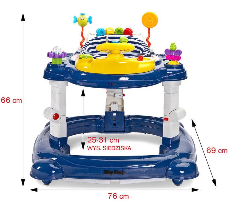 Avoided any compromise while creating the HipHop walker. It aids during the walk-learning stage, develops curiosity and provides fun again and again (thanks to the 360° rotating seat). HipHop combines 3 functions: walker, jumper and rocker. One toy and three kinds of fun. Comfortable adjustment of the seat height, solid metal frame and high quality materials will endure many years of great fun.