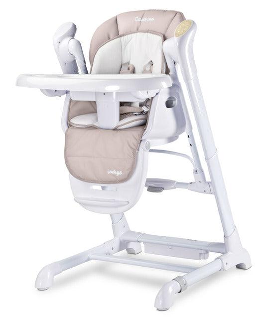 INDIGO is 2-in-1 baby & infant feeding high chair & electric swing. The swing is for newborn baby, weighing up to 9 kg. High chair is for feeding children aged 6 months to 3-4 years, maximum weight 15 kg.
