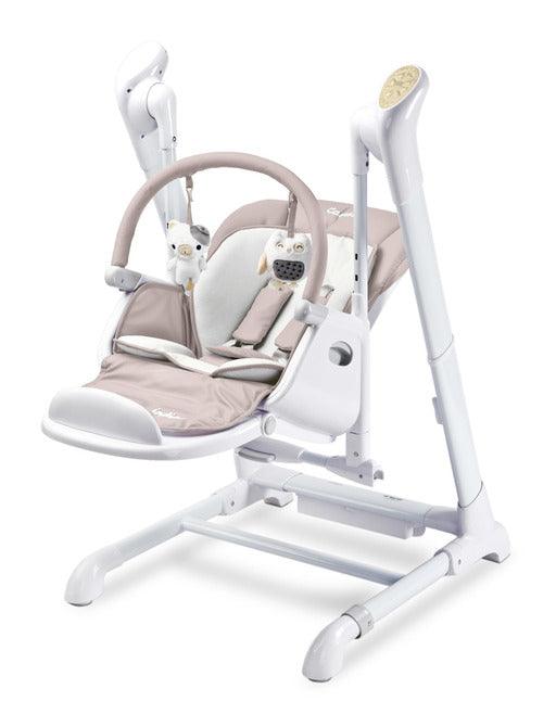 INDIGO is 2-in-1 baby & infant feeding high chair & electric swing. The swing is for newborn baby, weighing up to 9 kg. High chair is for feeding children aged 6 months to 3-4 years, maximum weight 15 kg.
