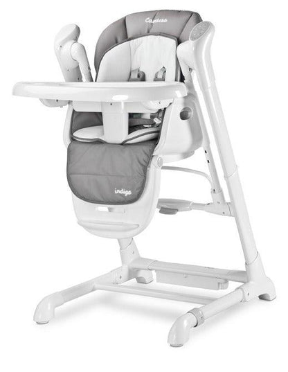 INDIGO is 2-in-1 baby & infant feeding high chair & electric swing. The swing is for newborn baby, weighing up to 9 kg. High chair is for feeding children aged 6 months to 3-4 years, maximum weight 15 kg.