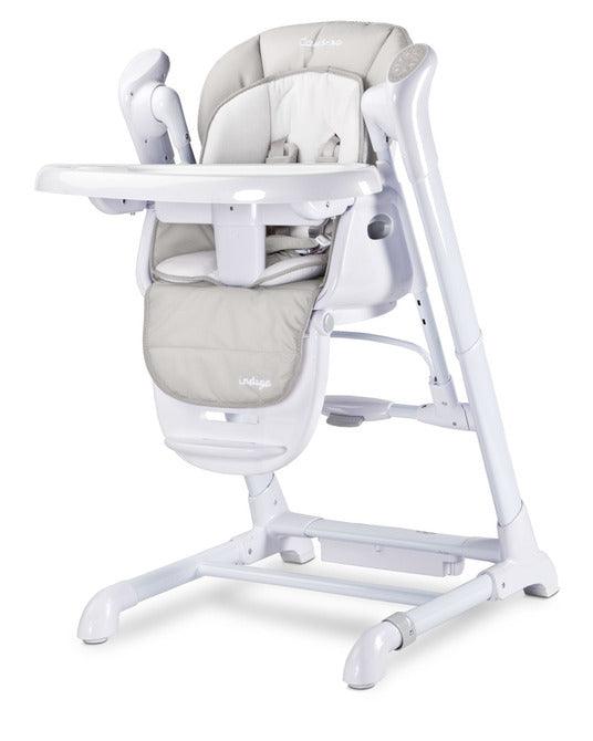 INDIGO is 2-in-1 baby & infant feeding high chair & electric swing. The swing is for newborn baby, weighing up to 9 kg. High chair is for feeding children aged 6 months to 3-4 years, maximum weight 15 kg.