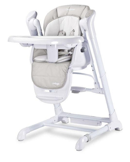 INDIGO is 2-in-1 baby & infant feeding high chair & electric swing. The swing is for newborn baby, weighing up to 9 kg. High chair is for feeding children aged 6 months to 3-4 years, maximum weight 15 kg.