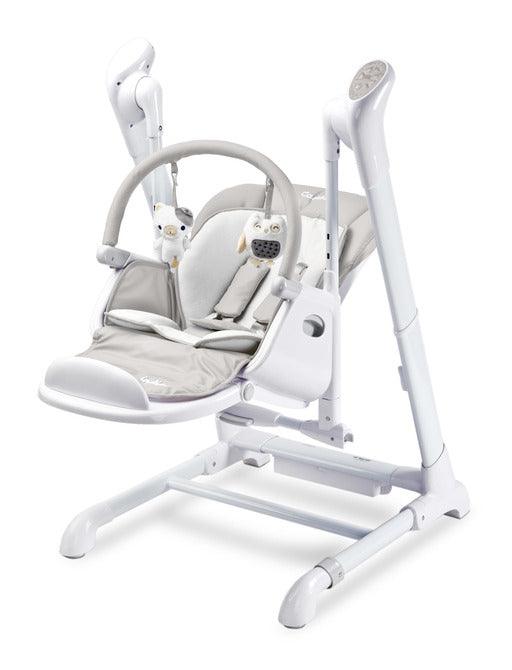 INDIGO is 2-in-1 baby & infant feeding high chair & electric swing. The swing is for newborn baby, weighing up to 9 kg. High chair is for feeding children aged 6 months to 3-4 years, maximum weight 15 kg.