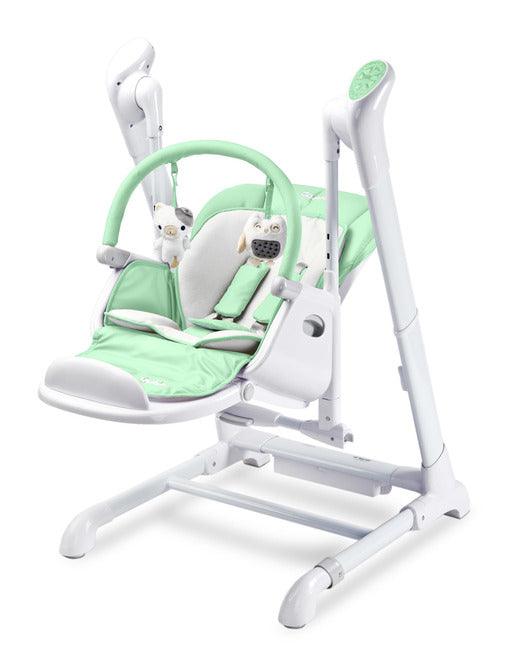 INDIGO is 2-in-1 baby & infant feeding high chair & electric swing. The swing is for newborn baby, weighing up to 9 kg. High chair is for feeding children aged 6 months to 3-4 years, maximum weight 15 kg.