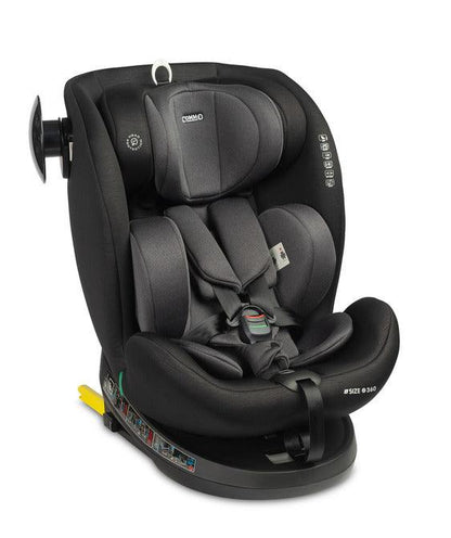 COMMO is a modern car seat with the demanding i-Size approval. The seat is intended for children from the first months of life (from 40 cm) until the moment when the seat is no longer required, i.e. when they reach 150 cm in height. Installation in the car is very easy and quick thanks to ISOFIX hooks and a Top Tether belt with an additional buckle with sound signaling. The seat can be rotated 360 degrees, making it easy to place your child in the seat.