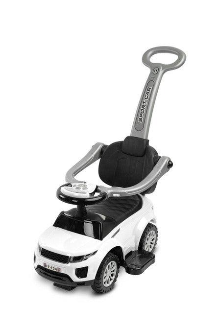 The Sport Car from Toyz is an indispensable companion for walks. Thanks to its design, it can be easily adapted to the needs of the child. It can be a pusher, a walker and a typical ride-on - just disassemble the appropriate elements. Rides have a battery-powered steering wheel with lights and sounds, and a very useful storage space under the seat. Raised rails prevent the baby from falling and block the possibility of turning the front wheels.