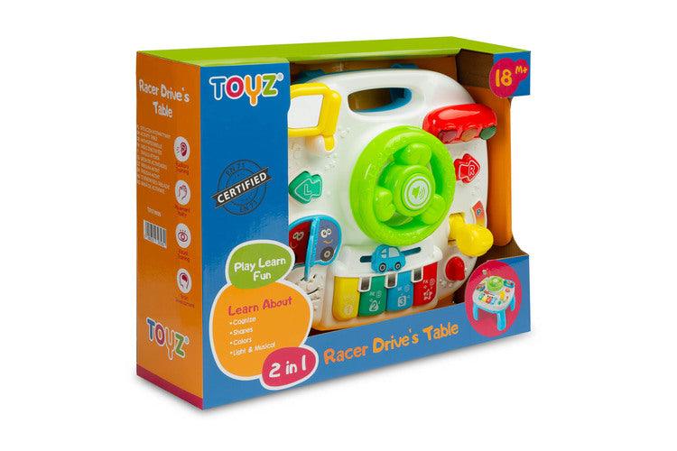 The Little Racers Drive's Table is a delightful educational toy from TOYZ that will provide your child with hours of great fun. The table is equipped with buttons and lights that harmonize with the loudspeaker emitting pleasant melodies and car sounds.