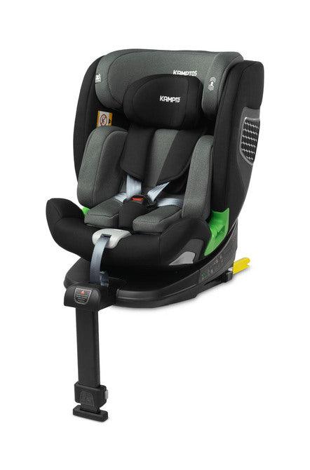 Caretero Kamptos is a swivel car seat for children from 40 cm to 150 cm tall, made in accordance with the i-Size standard. It was created with safety and comfort in mind. Children can be transported in the seat from the first months of life until the seat is no longer required, i.e. when they reach 150 cm in height. The seat is installed simply and quickly using the ISOFIX system and a stabilizing leg. The 360-degree rotatable seat ensures comfortable entry for children.