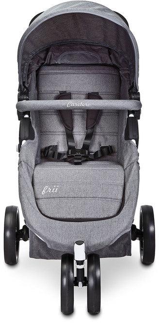 Frii stroller is a jogger-type buggy made for active parents. Three large wheels, high manouverability, compact chasis and double handle, all of these features help in conquering all paths and sidewalks. The Frii stroller can be easily adjusted to the parent's needs. The handle has a wide height setting range (75 to 105 cm!). The stroller folds in half without the need of removing the canopy or the bumper and the whole process boils down to pressing a button and pulling a strap. Easy and quick!