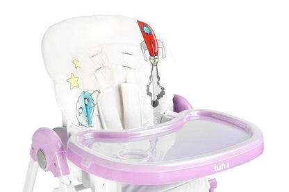 Luna features many advantages that parents will love. The chair is comfy, very easy to adjust to the baby's needs and the cheerful designs make every meal and enjoyable experience. Luna features and easy-to-clean upholstery and complies with all required safety norms. Large double and adjustable tray that will fit the whole meal. Safe use thanks to the steel frame. Unique looks large colorful designs are what babies like the most.</li>  <li>Aesthetical and sleek box for easy transportation and storing.