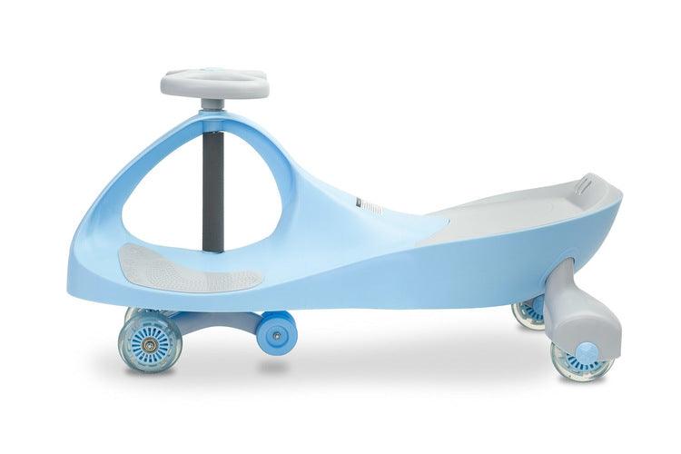 Spinner is a wiggle ride on car providing children a lot of fun. Your child can ride a spinner without legs, using alternate handlebar's movements. You can use it outside and at home. Thanks to rubber wheels, the floor is safe from any scratches. Wheels start to shine at a given proper speed. The anti-slipping place for legs and a specially profiled seat ensure a safe play. Spinner can be used from the age of 3, with no age limit. Max load limit is 100 kg.