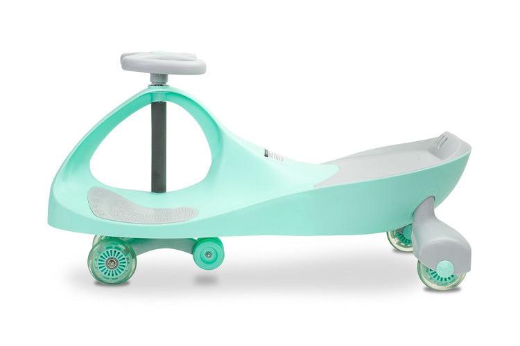 Spinner is a wiggle ride on car providing children a lot of fun. Your child can ride a spinner without legs, using alternate handlebar's movements. You can use it outside and at home. Thanks to rubber wheels, the floor is safe from any scratches. Wheels start to shine at a given proper speed. The anti-slipping place for legs and a specially profiled seat ensure a safe play. Spinner can be used from the age of 3, with no age limit. Max load limit is 100 kg.