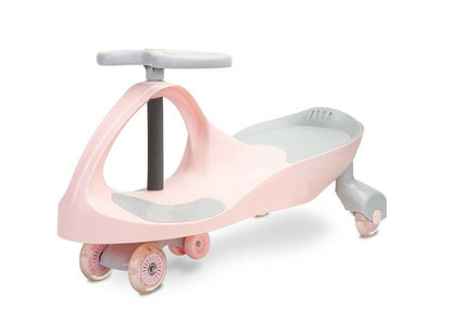 Spinner is a wiggle ride on car providing children a lot of fun. Your child can ride a spinner without legs, using alternate handlebar's movements. You can use it outside and at home. Thanks to rubber wheels, the floor is safe from any scratches. Wheels start to shine at a given proper speed. The anti-slipping place for legs and a specially profiled seat ensure a safe play. Spinner can be used from the age of 3, with no age limit. Max load limit is 100 kg.