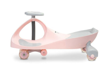 Spinner is a wiggle ride on car providing children a lot of fun. Your child can ride a spinner without legs, using alternate handlebar's movements. You can use it outside and at home. Thanks to rubber wheels, the floor is safe from any scratches. Wheels start to shine at a given proper speed. The anti-slipping place for legs and a specially profiled seat ensure a safe play. Spinner can be used from the age of 3, with no age limit. Max load limit is 100 kg.