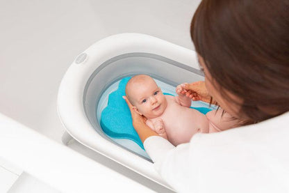 Foldable bathtub for small bathrooms and travels.It folds flat which makes it possible to save a lot of space in the apartment or a car.  The bathtub has a classic shape and is decorated with cute deer horns. It can be used from the first days of baby’s life until he/she is ready for a bath in a traditional bath tub. It is made of durable and skin-friendly material. Additionally, the legs of the bathtub are equipped with anti-slip pads which prevent sliding and a blockade against self-folding.