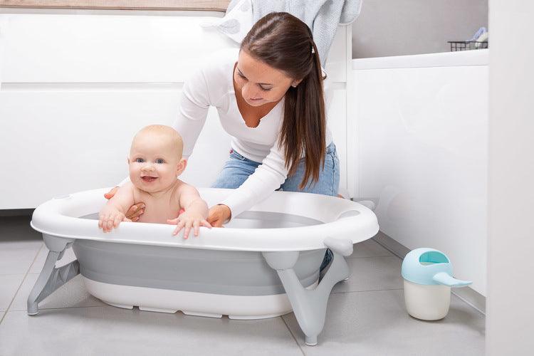 Foldable bathtub for small bathrooms and travels.It folds flat which makes it possible to save a lot of space in the apartment or a car.  The bathtub has a classic shape and is decorated with cute deer horns. It can be used from the first days of baby’s life until he/she is ready for a bath in a traditional bath tub. It is made of durable and skin-friendly material. Additionally, the legs of the bathtub are equipped with anti-slip pads which prevent sliding and a blockade against self-folding.