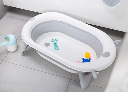 Foldable bathtub for small bathrooms and travels.It folds flat which makes it possible to save a lot of space in the apartment or a car.  The bathtub has a classic shape and is decorated with cute deer horns. It can be used from the first days of baby’s life until he/she is ready for a bath in a traditional bath tub. It is made of durable and skin-friendly material. Additionally, the legs of the bathtub are equipped with anti-slip pads which prevent sliding and a blockade against self-folding.