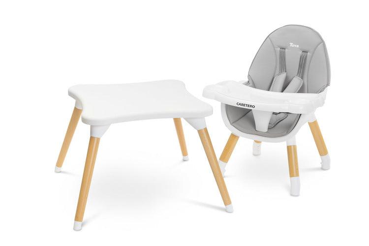 Tuva is a high chair that combines a unique Scandinavian style with functionality. Thanks to their simple design, they can be quickly adapted to the needs of the child. With a few movements (without removing the legs) it turns from a high chair into a stylish chair + table set. Tuva is made of high-quality materials, which makes it durable and safe. It has five-point belts and additional protection at the tray, which prevents the baby from slipping.