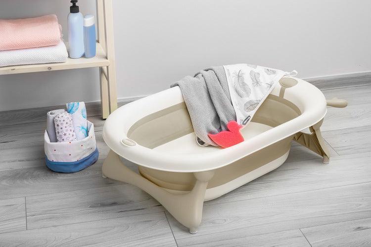 Foldable bathtub for small bathrooms and travels.It folds flat which makes it possible to save a lot of space in the apartment or a car.  The bathtub has a classic shape and is decorated with cute deer horns. It can be used from the first days of baby’s life until he/she is ready for a bath in a traditional bath tub. It is made of durable and skin-friendly material. Additionally, the legs of the bathtub are equipped with anti-slip pads which prevent sliding and a blockade against self-folding.