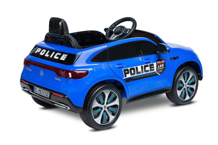 MERCEDES BENZ EQC POLICE is a licensed TOYZ car, which is based on an electric car of the German brand. The appearance reflects the avant-garde and independent esthetics of the real EQC 400 4Matic model, including the characteristic LED lights. The battery carrier has self-adhesive stickers that turn the MERCEDES EQC into a police version. The wheels are made of EVA foam, and the seat is made of eco-leather. 