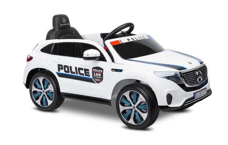 MERCEDES BENZ EQC POLICE is a licensed TOYZ car, which is based on an electric car of the German brand. The appearance reflects the avant-garde and independent esthetics of the real EQC 400 4Matic model, including the characteristic LED lights. The battery carrier has self-adhesive stickers that turn the MERCEDES EQC into a police version. The wheels are made of EVA foam, and the seat is made of eco-leather. 