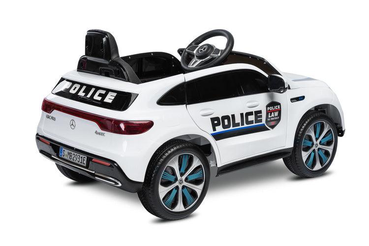 MERCEDES BENZ EQC POLICE is a licensed TOYZ car, which is based on an electric car of the German brand. The appearance reflects the avant-garde and independent esthetics of the real EQC 400 4Matic model, including the characteristic LED lights. The battery carrier has self-adhesive stickers that turn the MERCEDES EQC into a police version. The wheels are made of EVA foam, and the seat is made of eco-leather. 