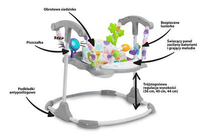 Cosmo is a jumper from the Toyz Activity product line that supports the active development of a child. It is full of attention-absorbing toys that will provide a lot of fun and help your child's development. A special design and springs allow the child to joyfully and safely jump up and down. 360-degree swivel seat makes it easy to reach all toys.