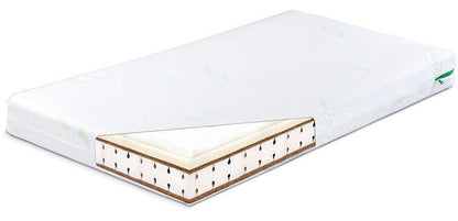 MEMORY ALOE VERA 120 x 60 cm, thermo elastic Foam-Coconut Mattress, 12 cm thick, two-sided and four-layered mattress using space technology. Thermo elastic/ memory foam is an advanced type of mattresses filling. It adapts to the shape of a body with temperature. It has rehabilitation and orthopedic properties. The construction of the mattress is stiffened by coconut fibers mats. 2 layers of fluffy non-woven fabric improve the softness and durability. Removable Aloe Vera fabric cover is soft in touch.