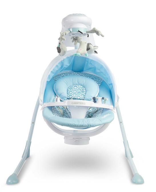 Raffi is a high-class electric swing designed for babies. A comfortable seat with a pillow allows you to use it from the first days of a baby's life. The two-stage backrest adjustment allows you to put the child in a lying or semi-reclining position. By turning the seat by 90 degrees (left or right) you can change the way of rocking (right-left to front-back. The swing has an electric carousel with lights and a removable tray for easy childcare. 