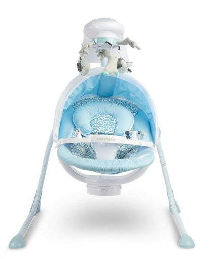 Raffi is a high-class electric swing designed for babies. A comfortable seat with a pillow allows you to use it from the first days of a baby's life. The two-stage backrest adjustment allows you to put the child in a lying or semi-reclining position. By turning the seat by 90 degrees (left or right) you can change the way of rocking (right-left to front-back. The swing has an electric carousel with lights and a removable tray for easy childcare. 