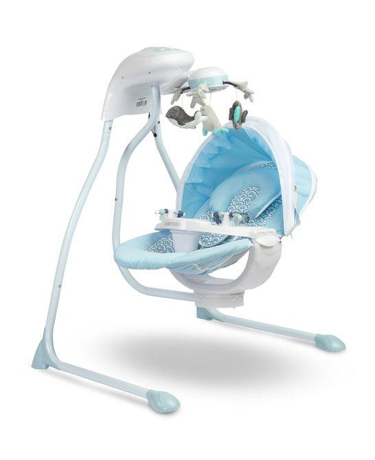 Raffi is a high-class electric swing designed for babies. A comfortable seat with a pillow allows you to use it from the first days of a baby's life. The two-stage backrest adjustment allows you to put the child in a lying or semi-reclining position. By turning the seat by 90 degrees (left or right) you can change the way of rocking (right-left to front-back. The swing has an electric carousel with lights and a removable tray for easy childcare. 