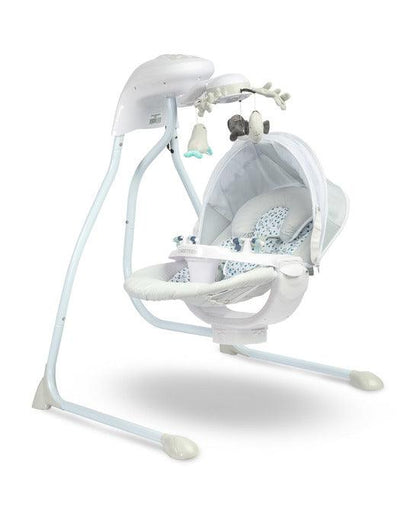 Raffi is a high-class electric swing designed for babies. A comfortable seat with a pillow allows you to use it from the first days of a baby's life. The two-stage backrest adjustment allows you to put the child in a lying or semi-reclining position. By turning the seat by 90 degrees (left or right) you can change the way of rocking (right-left to front-back. The swing has an electric carousel with lights and a removable tray for easy childcare. 