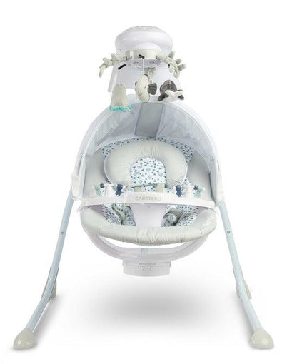 Raffi is a high-class electric swing designed for babies. A comfortable seat with a pillow allows you to use it from the first days of a baby's life. The two-stage backrest adjustment allows you to put the child in a lying or semi-reclining position. By turning the seat by 90 degrees (left or right) you can change the way of rocking (right-left to front-back. The swing has an electric carousel with lights and a removable tray for easy childcare. 