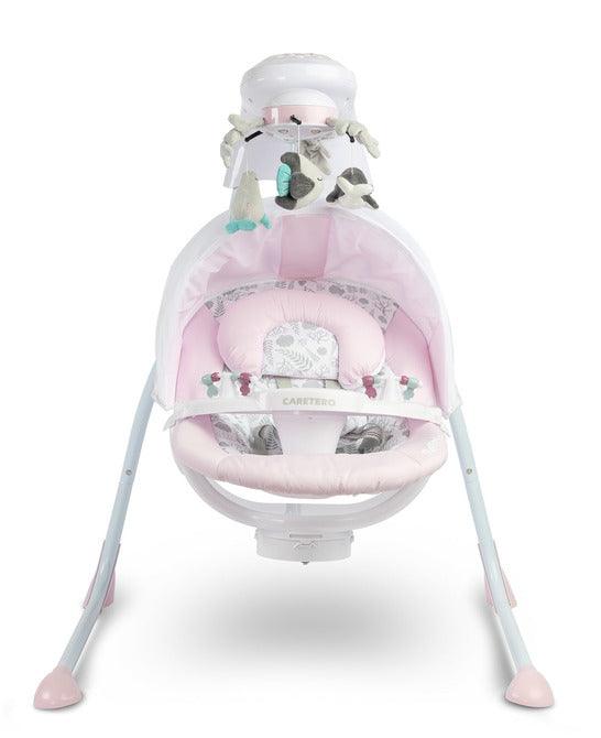 Raffi is a high-class electric swing designed for babies. A comfortable seat with a pillow allows you to use it from the first days of a baby's life. The two-stage backrest adjustment allows you to put the child in a lying or semi-reclining position. By turning the seat by 90 degrees (left or right) you can change the way of rocking (right-left to front-back. The swing has an electric carousel with lights and a removable tray for easy childcare. 