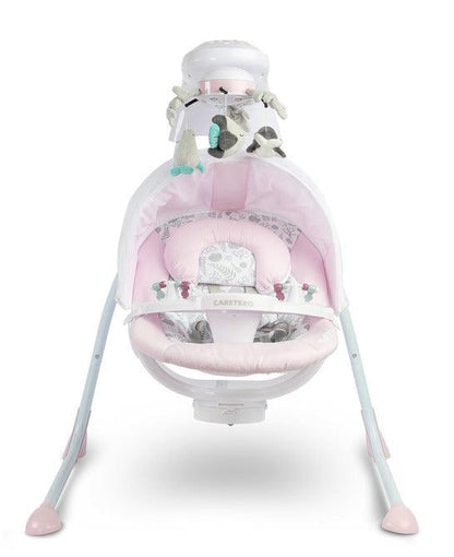 Raffi is a high-class electric swing designed for babies. A comfortable seat with a pillow allows you to use it from the first days of a baby's life. The two-stage backrest adjustment allows you to put the child in a lying or semi-reclining position. By turning the seat by 90 degrees (left or right) you can change the way of rocking (right-left to front-back. The swing has an electric carousel with lights and a removable tray for easy childcare. 