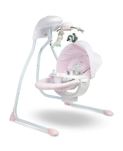 Raffi is a high-class electric swing designed for babies. A comfortable seat with a pillow allows you to use it from the first days of a baby's life. The two-stage backrest adjustment allows you to put the child in a lying or semi-reclining position. By turning the seat by 90 degrees (left or right) you can change the way of rocking (right-left to front-back. The swing has an electric carousel with lights and a removable tray for easy childcare. 