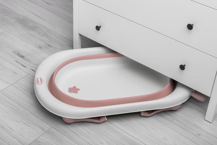 Foldable bathtub for small bathrooms and travels.It folds flat which makes it possible to save a lot of space in the apartment or a car.  The bathtub has a classic shape and is decorated with cute deer horns. It can be used from the first days of baby’s life until he/she is ready for a bath in a traditional bath tub. It is made of durable and skin-friendly material. Additionally, the legs of the bathtub are equipped with anti-slip pads which prevent sliding and a blockade against self-folding.