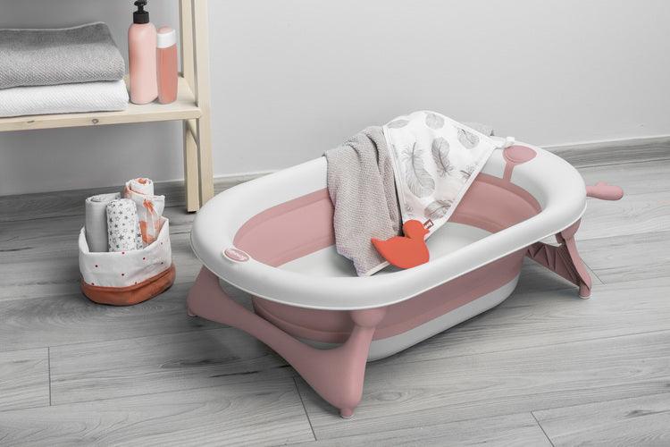 Foldable bathtub for small bathrooms and travels.It folds flat which makes it possible to save a lot of space in the apartment or a car.  The bathtub has a classic shape and is decorated with cute deer horns. It can be used from the first days of baby’s life until he/she is ready for a bath in a traditional bath tub. It is made of durable and skin-friendly material. Additionally, the legs of the bathtub are equipped with anti-slip pads which prevent sliding and a blockade against self-folding.