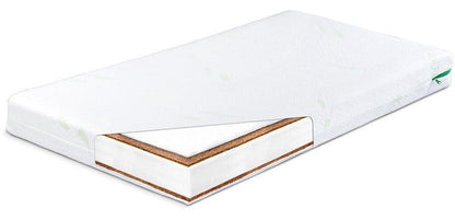 LUXE Aloe Vera 120 x 60 cm Coconut-Foam-Coconut Mattress will make your child feel like a royal baby in his/her cot. Thanks to its layered structure (2 coconut mats in combination with a foam layer) and the thickness of 11 cm, it provides comfortable and restful sleep. The cover, made from Aloe Vera fabric is extremely delicate in touch and has anti-allergic and anti-bacterial properties. The cover may be removed and washed when it gets dirty.