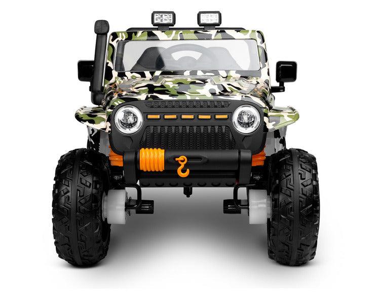 Ringo is a battery off-road vehicle inspired by the iconic Jeep Wrangler. Its unusual appearance will appeal to small drivers who dream of overcoming difficult obstacles. Off-road driving is facilitated by 4 powerful motors that power each wheel separately, 18-centimeter ground clearance and 30-centimeter tires with large tread made of EVA foam. Driving comfort is ensured by shock absorbers on the rear axle, a comfortable seat upholstered with eco-leather and a music panel with bluetooth and usb.