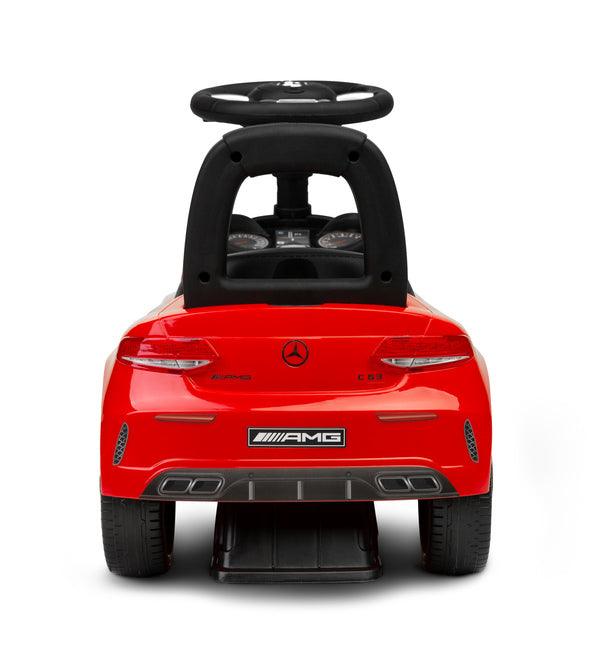 The Mercedes AMG C63 from TOYZ is a real treat for little ones. The Mercedes brand license guarantees a realistic look and great attention to detail. It has a steering wheel with horn and melodies, and there is a storage space under the seat. The child has a great time using the ride-on toy and develops its motor coordination.