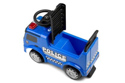 The Toyz Police vehicle is made under the license of the Mercedes brand. Intense colors, light and sound signals, as well as a steering wheel with a horn are the things that will make future policemen love the ride-on truck. The vehicle is made of high-quality plastic. There is a toy compartment under the comfortable seat. The ride-on car has protection against tipping over to the rear.