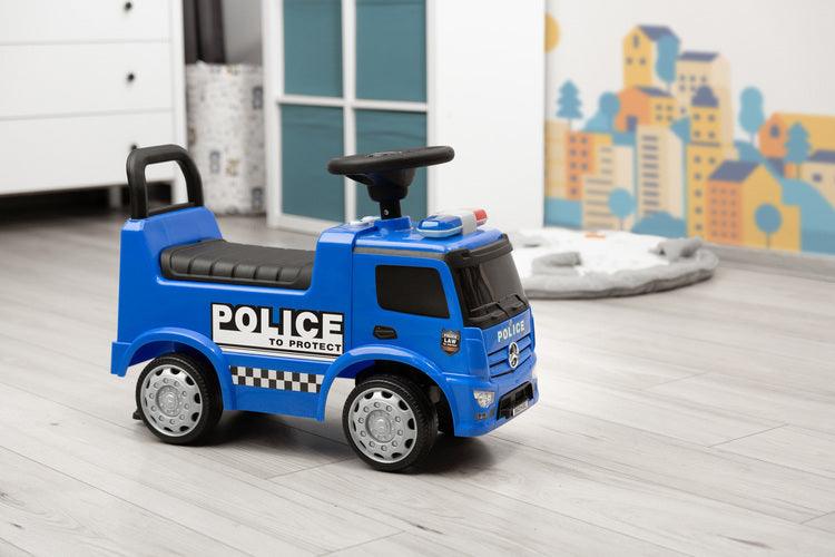 The Toyz Police vehicle is made under the license of the Mercedes brand. Intense colors, light and sound signals, as well as a steering wheel with a horn are the things that will make future policemen love the ride-on truck. The vehicle is made of high-quality plastic. There is a toy compartment under the comfortable seat. The ride-on car has protection against tipping over to the rear.