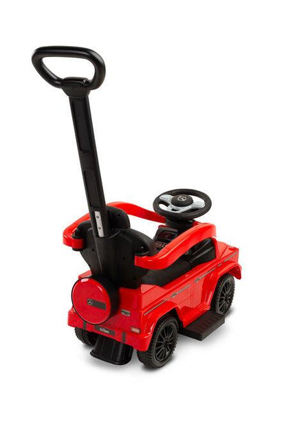 The Mercedes G 350 D vehicle from Toyz is a licensed ride-on, walker and pusher in one. Its appearance reflects the appearance of the cult G-class cars. Using the opening barriers, retractable footrests and a handle to guide the vehicle, it becomes a pusher designed for the youngest children. By disassembling individual elements, the parent can quickly transform it into a ride-on for the child to move on his own. Driving a Mercedes will be diversified by a steering wheel with sound effects.